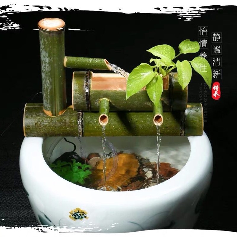 竹子流水摆件养鱼过滤加氧自v动竹子流水器循环石槽水缸鱼缸过滤