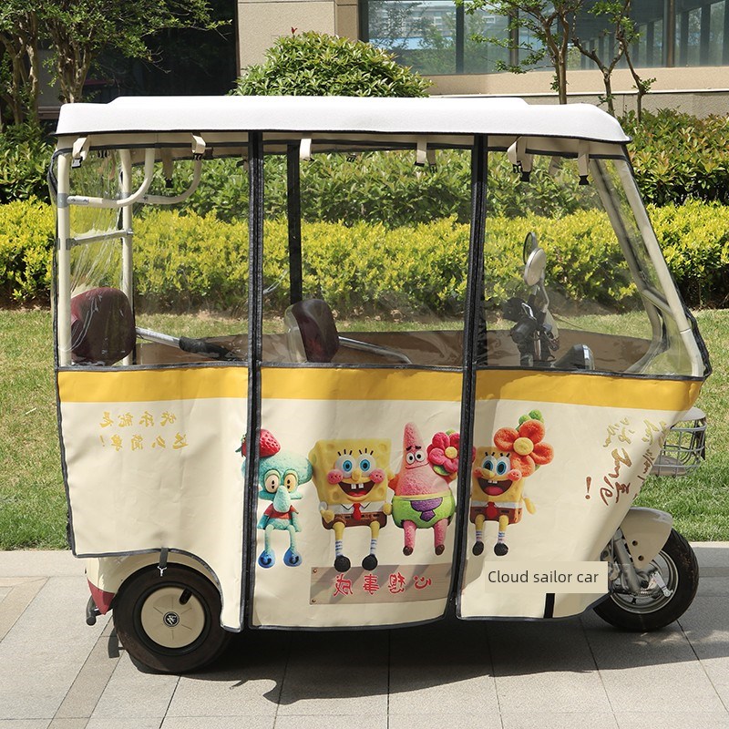 2025a新款电动三轮车雨棚全封闭遮雨蓬草莓熊车棚不锈钢挡风棚加
