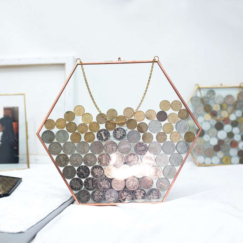 六边形硬币收藏相框玻璃透明标y本夹挂墙装饰钱币收纳金属铜边画