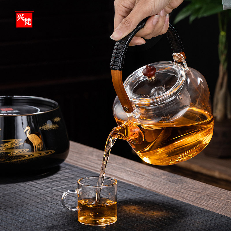 兴梵玻璃大容g量茶具烧水壶套装蒸汽煮茶器电陶炉小型喷淋养生茶