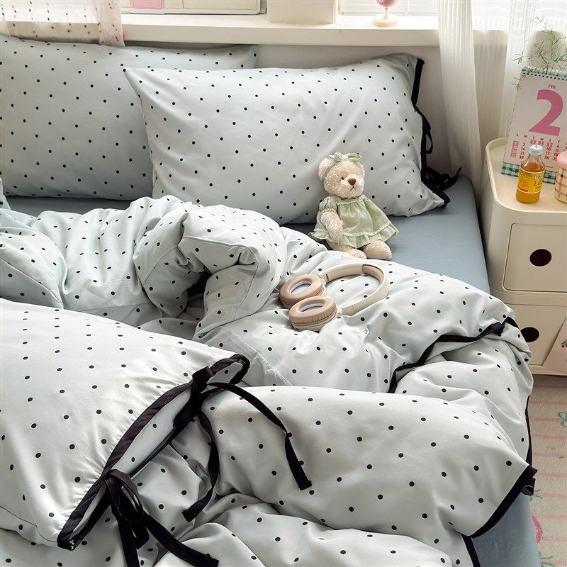 韩系A类床上四件套纯棉全棉波点绑带床单被套被Q罩床笠宿舍三件套