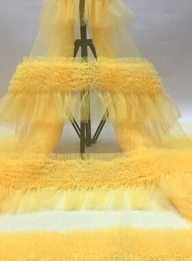 新品黄色绣花网纱手工多层波浪纹仙女公主裙摆面料W礼服婚纱布料