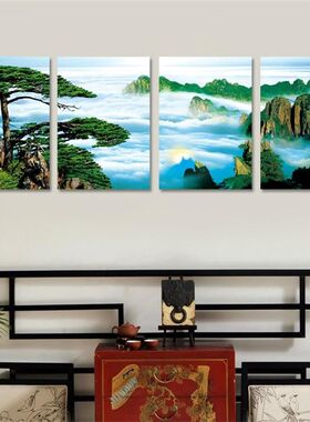 专业高档中式f客厅装饰迎客松长青树沙发背景卧室无框四联挂画 4