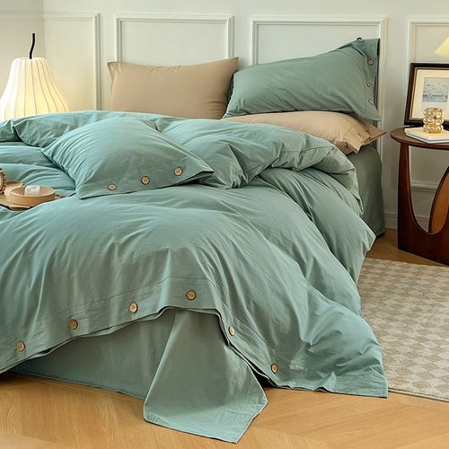 特价款ins亲肤裸睡柔q软纯棉四件套全棉纽扣被套被罩床单床笠纯色