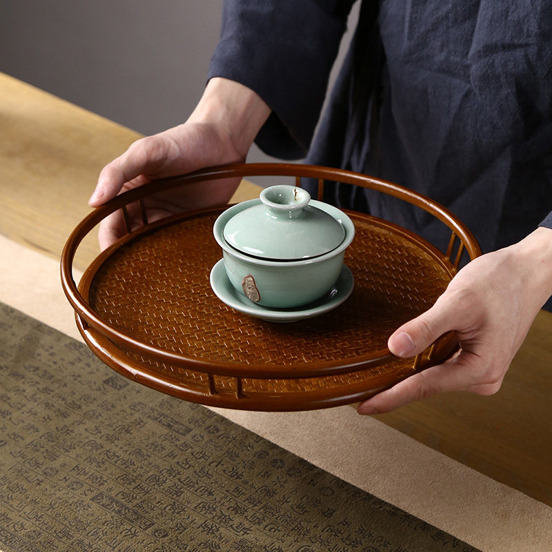 竹编托盘竹制茶盘家用中式仿古端奉茶杯架茶棚茶S具收纳圆形干泡