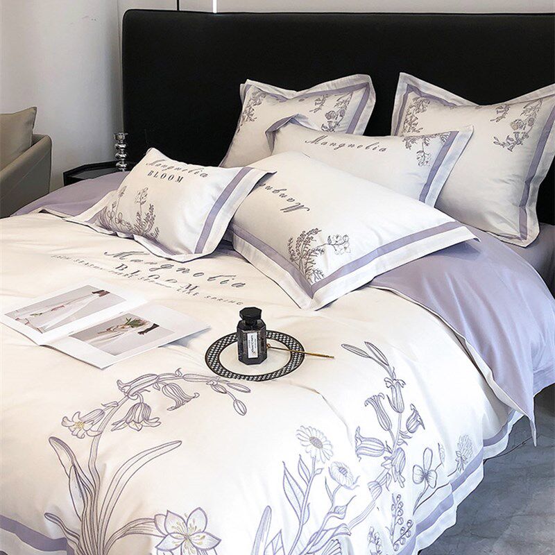 田园100支双股澳棉全棉四u件套美式植物花卉刺绣纯棉被套床上用品
