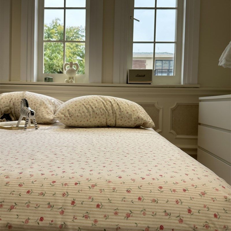 碎花条纹粉玫瑰纯棉床笠床单单件保护套全棉宿M舍床罩少女心1.35m,床上用品,床单,淘宝优惠券,粉丝福利购,淘宝优惠卷