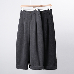 香蕉裤 时痕格雷系高级感卷边直筒羊毛裤 加绒保暖小个子阔腿毛呢裤