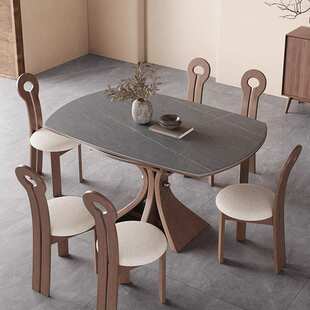 岩板实木餐桌可变圆桌中古风家用小户型2025新款伸缩折叠圆形饭桌