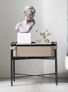 BERp01#意式极简床头柜现代简约卧室马鞍皮床头柜设计师硬皮边柜