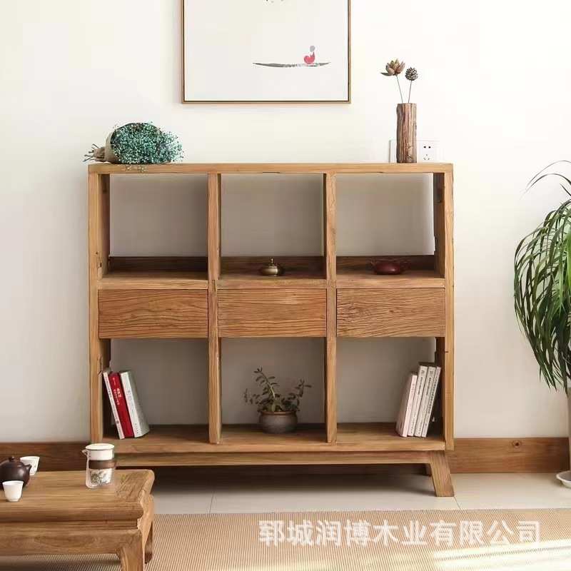 老榆木储物架带抽屉书架茶具展示架落地原木储物柜多层中式博古架