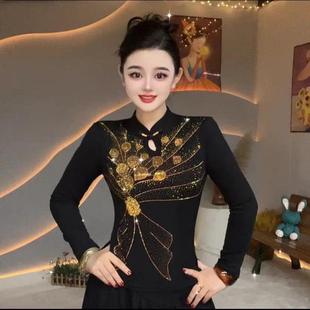 【秋冬季国风】旗袍盘扣领羽毛烫钻打底衫女修身洋气喜气小衫