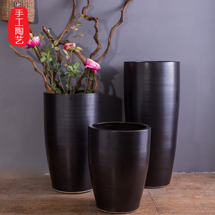 落地黑色新中式宽口大号陶瓷花盆干支陶罐花瓶酒店餐厅橱窗摆设件