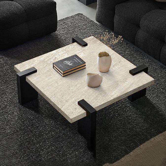 诧寂风天然洞石岩板茶几实木正方形客厅家用小户型高级感大理石桌