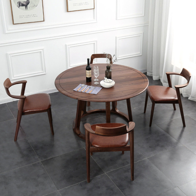 北欧黑胡桃木圆桌简约现代实木四人饭桌日式家用小户型餐桌椅组合