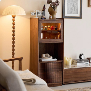 2026北美胡桃木色实木边柜客厅中古立柜侧边置物柜收纳储物柜抽屉