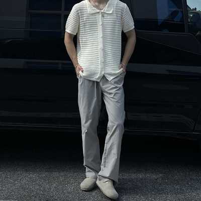 夏季基础凉感面料弯刀褶皱bootcut版型凉感夏季宽松梭织休闲裤