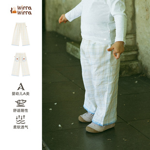 WirraWirra北欧风男女童纯棉亲肤直筒裤布丁格纹童趣蘑菇刺绣长裤