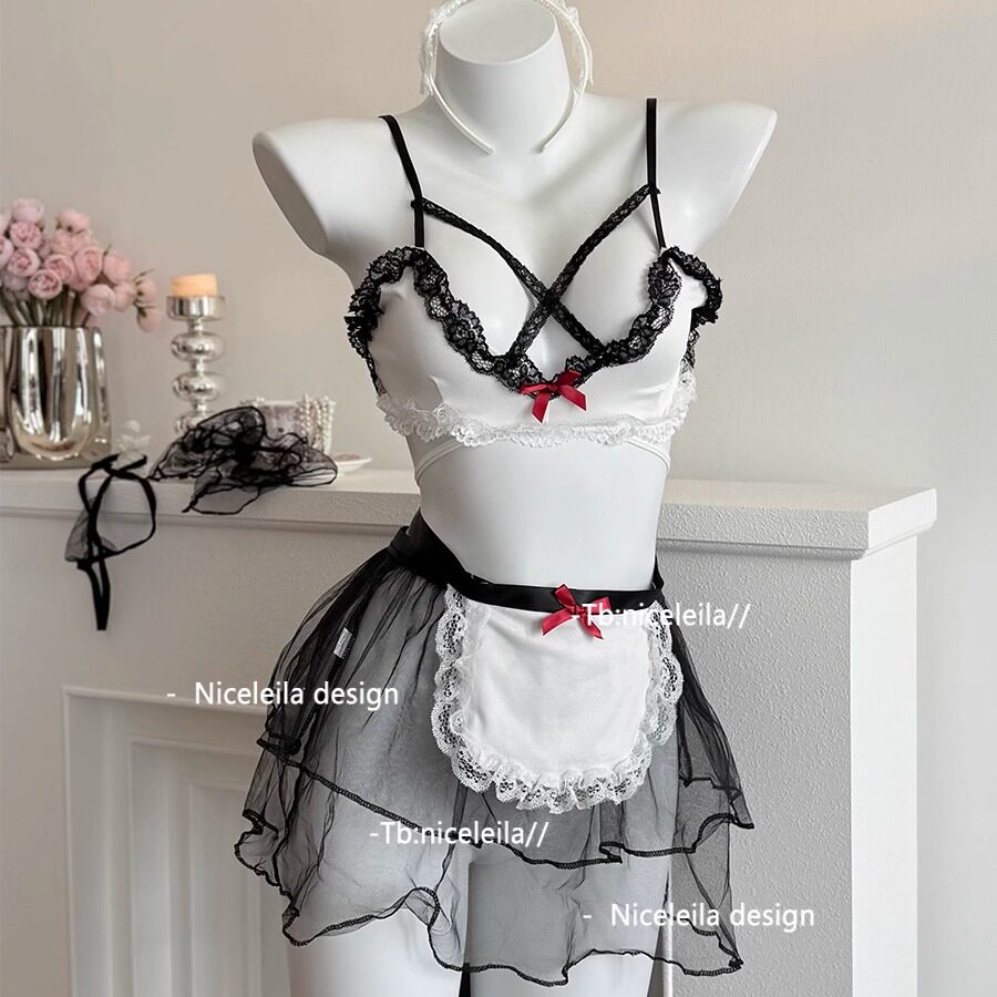 Niceleila钢琴键 女仆风可爱甜美深v睡衣套装透视诱惑纯欲睡裙