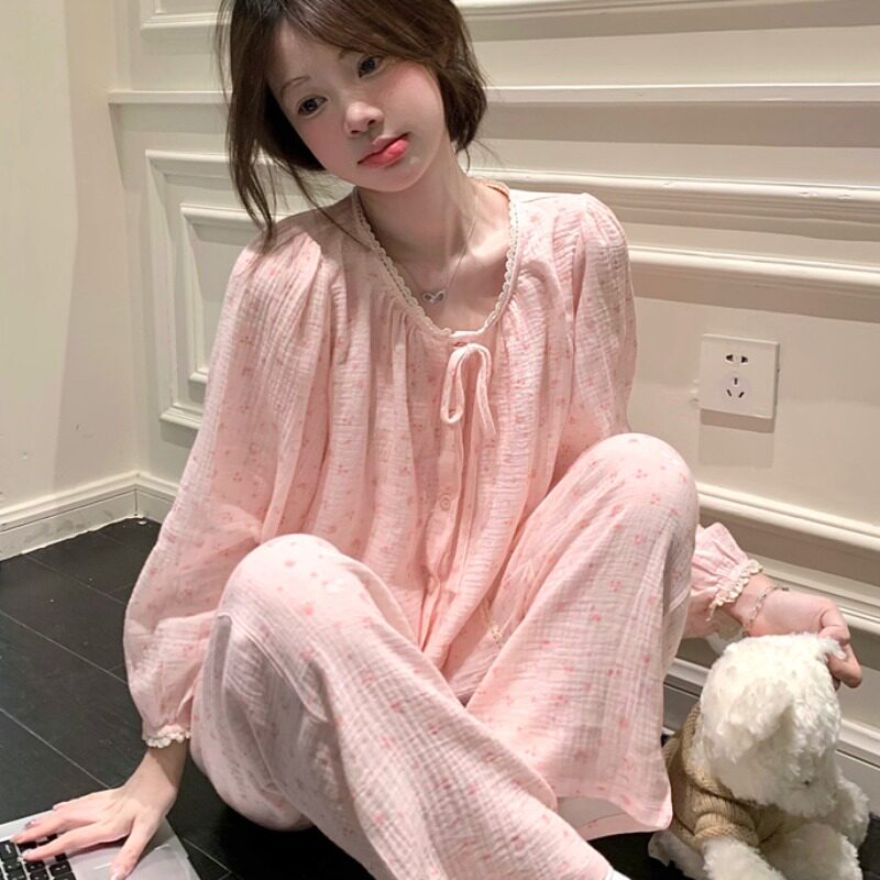 睡衣女春秋季新款2025甜美粉色蕾丝边碎花长袖长裤家居服套装学生