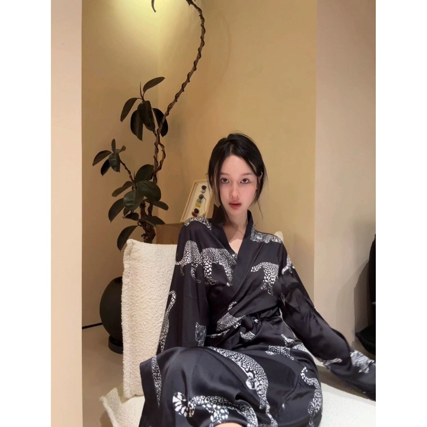 性感豹子印花睡裙女款春秋季轻奢高级感睡衣浴袍晨袍夏季天家居服图片