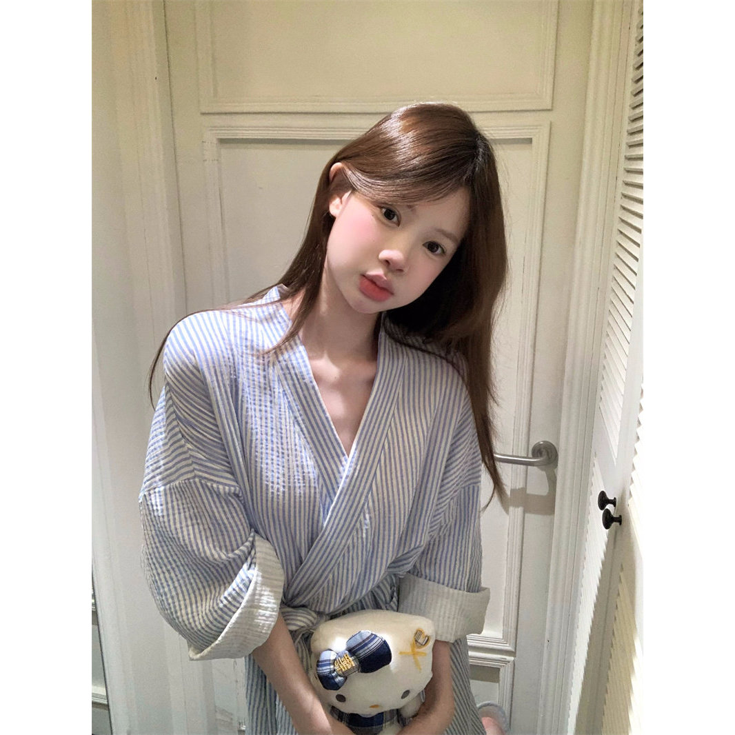 甜美法式睡衣女新款春秋季长袖宽松简约小清新条纹睡袍睡裙家居服
