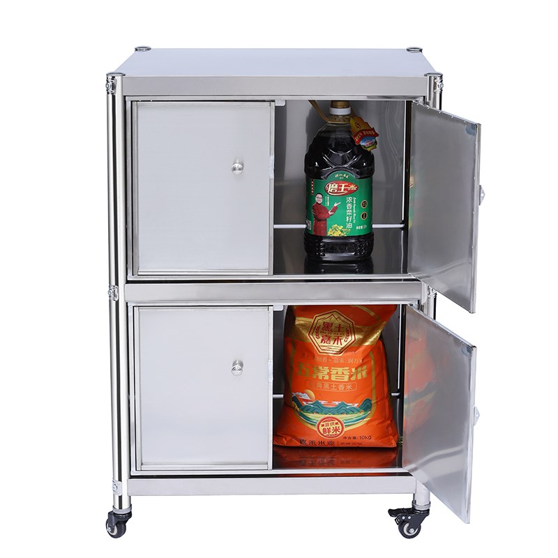 不锈钢双柜门厨房置物架不锈钢收纳置物架置O地式带轮子可移动架