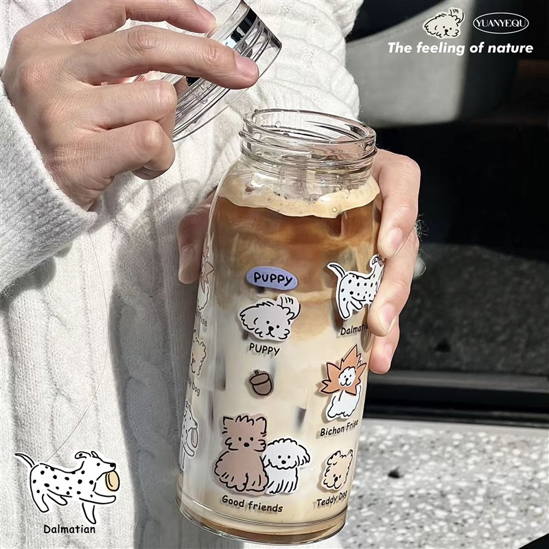 原野趣狗狗玻璃杯女m新款2025高颜值泡茶杯办公杯高硼硅牛奶杯