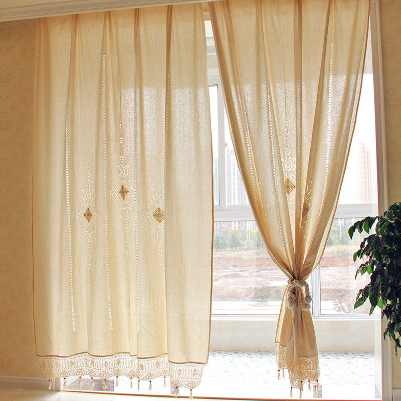 手工艺品镂空出h口米色窗帘成品中式复古美式棉麻法式客厅阳台遮