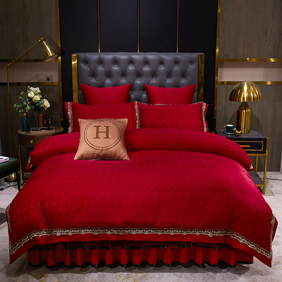 夏季冰丝四件套床k裙贡缎真丝提花被套蕾丝床单绿色床罩双人1.8m