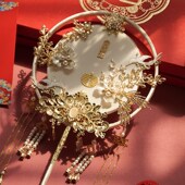 新娘结婚出嫁送礼中式 喜扇秀禾扇团扇双面长柄N成品手工diy材料包