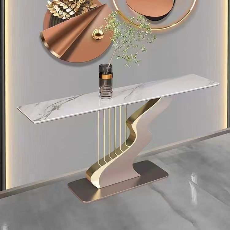 大理石极简欧式岩板玄关台桌柜豪华不锈钢方琴新款美式金属控制台