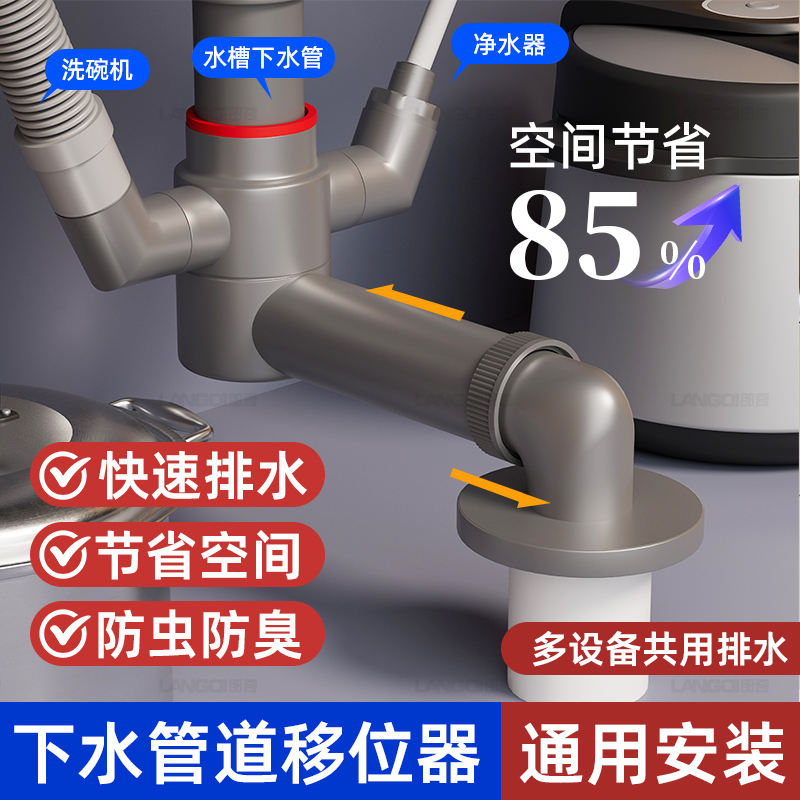 厨房下水管移e位器三通排水洗碗池盆防臭分流器集成管道三头通接