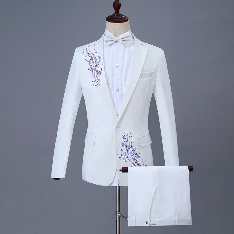 速发新款男士合唱服装演出西服套装亮片贴钻白色歌手主持司仪礼服