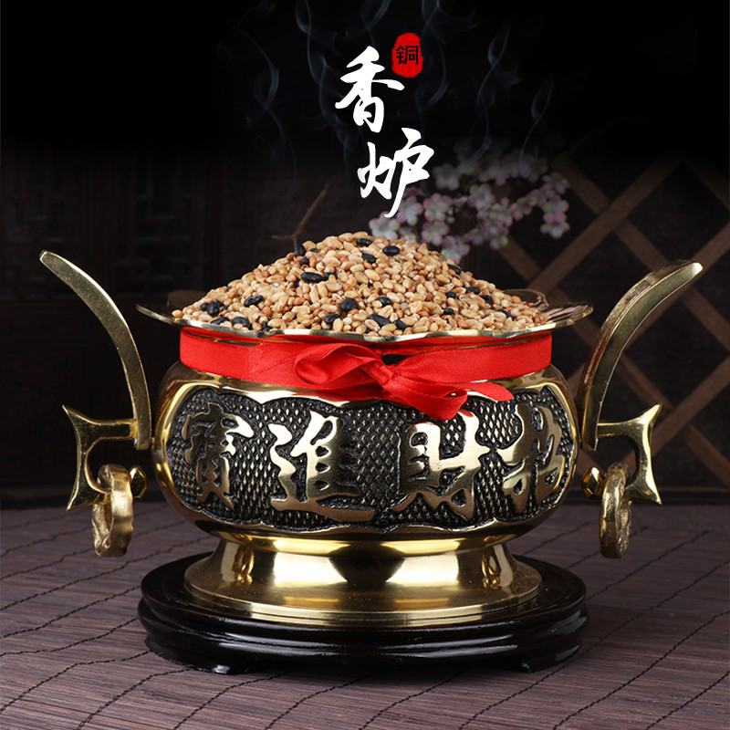 速发纯铜香炉香插仿古大号室内家用财佛供神双耳莲供檀香线香炉花