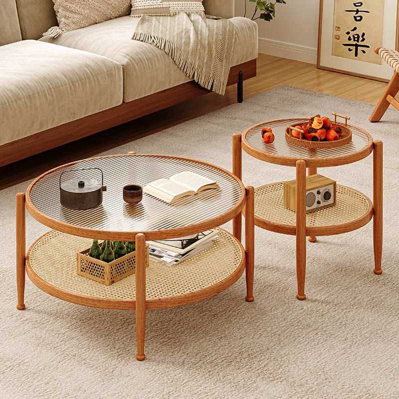 北欧藤编圆形玻璃茶几客厅家用2025新款沙发边几实木阳台茶桌小型