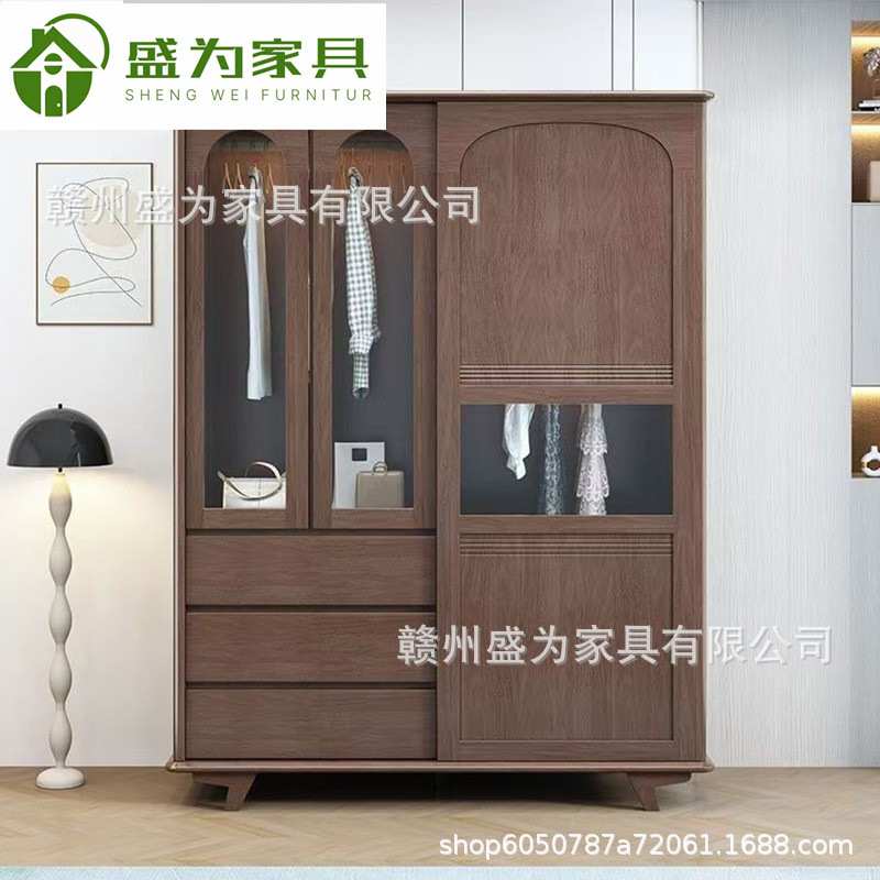 北欧1.6米实木推拉门衣柜 小户型90cm储物收纳柜家用卧室实木衣橱
