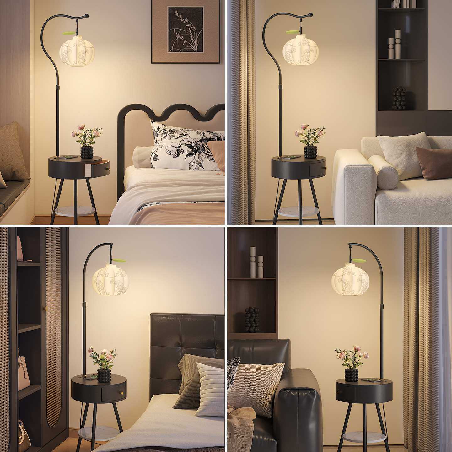 中古风客厅落地灯现代简约沙发边几创意个性床头灯具置物架一体灯