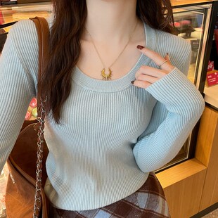 圆领打底衫女春秋冬季高级感2024新款白色针织衫修身内搭长袖上衣