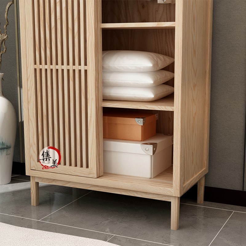 新中式实木衣柜家用卧室两门民宿定制推拉门简约移滑门白蜡木储物