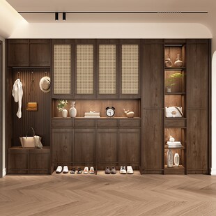 实木鞋 复古骨骼线定制柜 柜家用中古风入户门口一体靠墙玄关柜新款