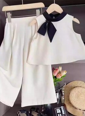 女童淑女风休闲套装2024夏季新款洋气时髦蝴蝶结背心长裤两件套潮
