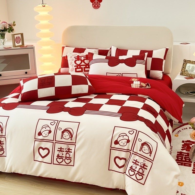 中式婚嫁婚庆四件套床单被套新婚结婚喜被大红色陪嫁婚礼床上用品