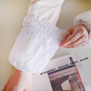 女士白色袖套秋冬短款办公室羽绒服防脏污可爱蕾丝套袖纯白色袖头