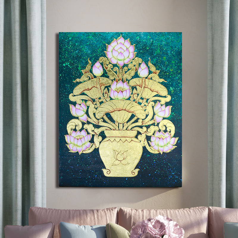 泰国手绘荷花金箔装饰画玄关沙发背景墙电表箱遮挡挂画酒店过道壁图片