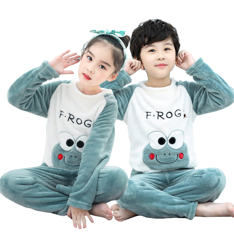 秋冬季儿童法兰绒睡衣女童小孩加厚宝宝男童家居服男孩珊瑚绒套装