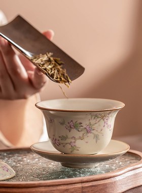 米黄汝窑三才盖碗单个家用高档陶瓷功夫茶具敬茶碗办公会客泡茶器