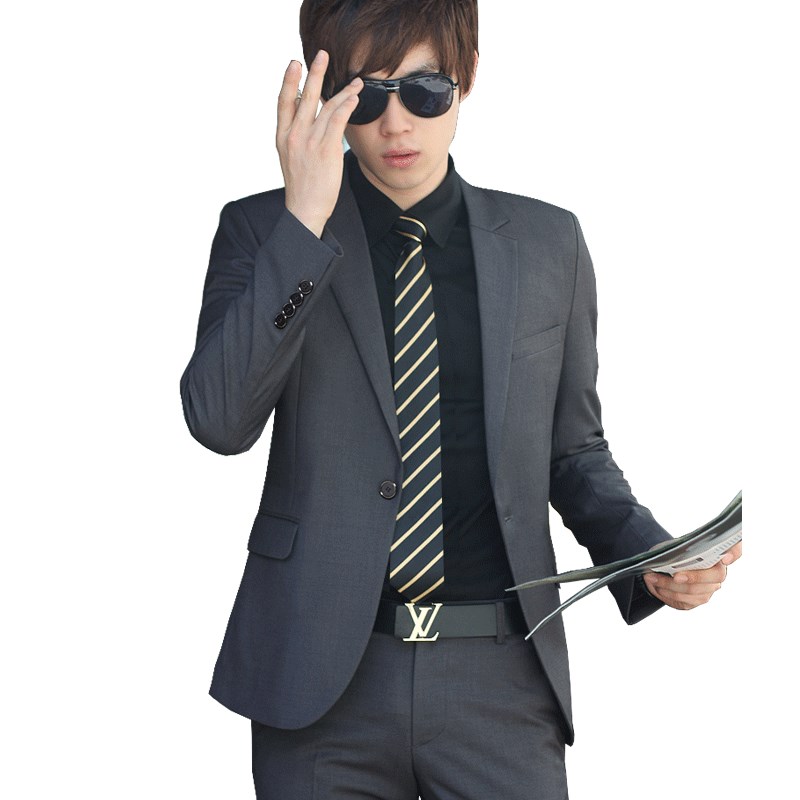 灰色弹力西服套装男秋季西服外套西装上衣修身休闲商务男士单西潮