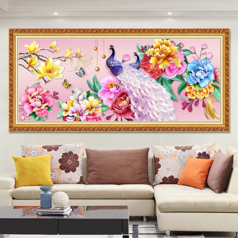 花开富贵孔雀图轻奢新中式牡丹花客厅装饰画自粘壁画挂画墙纸贴画,家居饰品,现代装饰画,淘宝优惠券,粉丝福利购,淘宝优惠卷