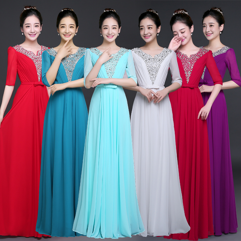 鲁克熊新款合唱团大合唱演出服女长裙成人表演服装主持人礼服显瘦